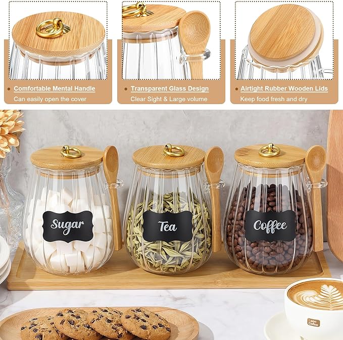 Suclain 3 Pcs Coffee Tea Sugar Container Set 40oz Glass Jars with Wooden Lid Spoon Shelf Labels Airtight Sugar Canister Metal Handle Farmhouse Coffee Bar Kitchen Food Storage for Spice Powder(Oval)