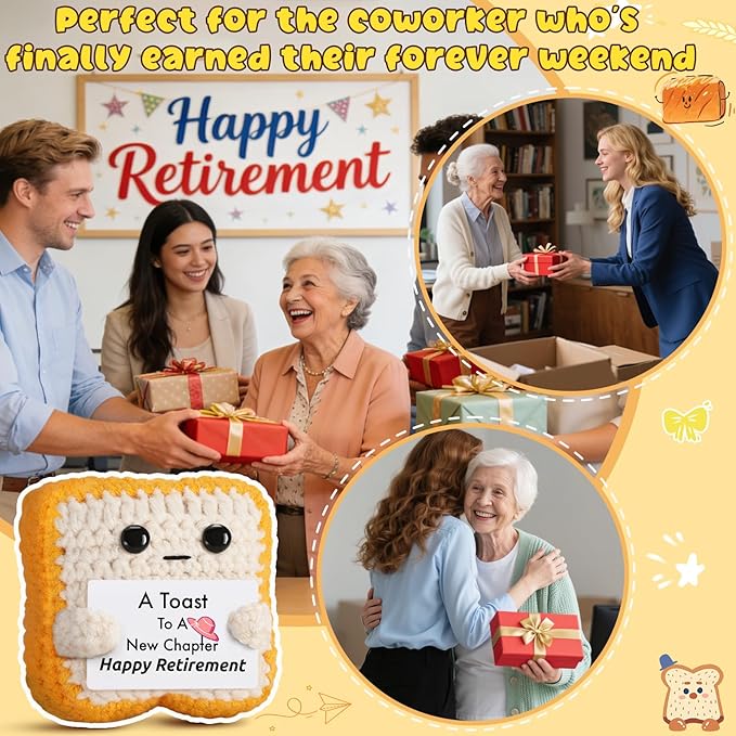 Crochet Toast Retirement Plush – Handmade “A Toast to a New Chapter” Card – Unique Retirement Gift for Coworker, Boss, Teacher, Mom, Dad – Funny Retired Present Desk Decor Keepsake