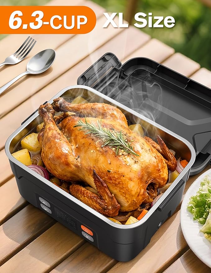 EAST OAK XL 6.3-Cup/1.5L Cordless Electric Lunch Box for adults, Heated Lunch Box Food Heater 220°F Stainless Steel Container for Work Outdoor, Black
