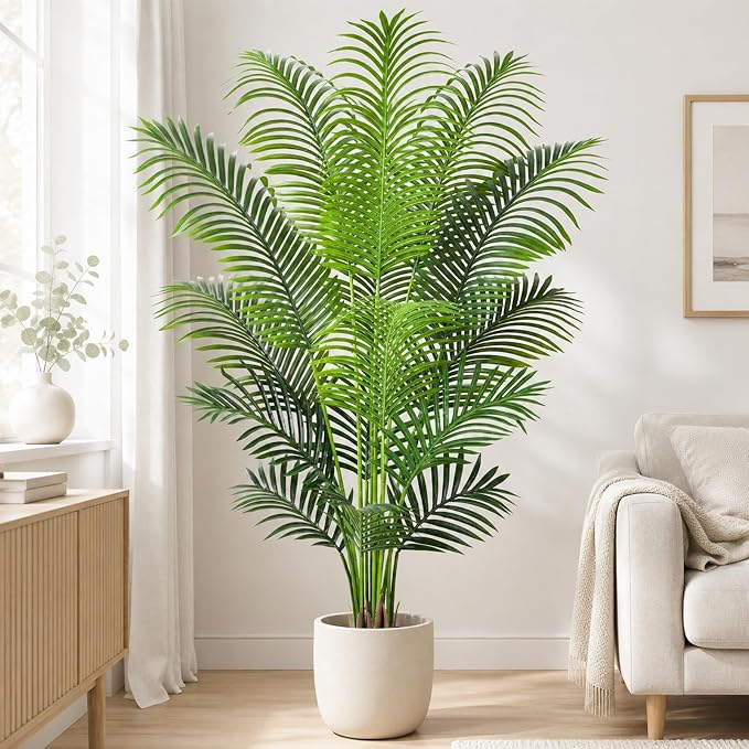 5.2ft Artificial Palm Tree Indoor Plant Tall Fake Tropical Paradise Palm Tree in Pot with Real Bark Design Faux Areca Palm Tree for Home Office Living Room Bedroom Farmhouse Modern Decor 1pcs