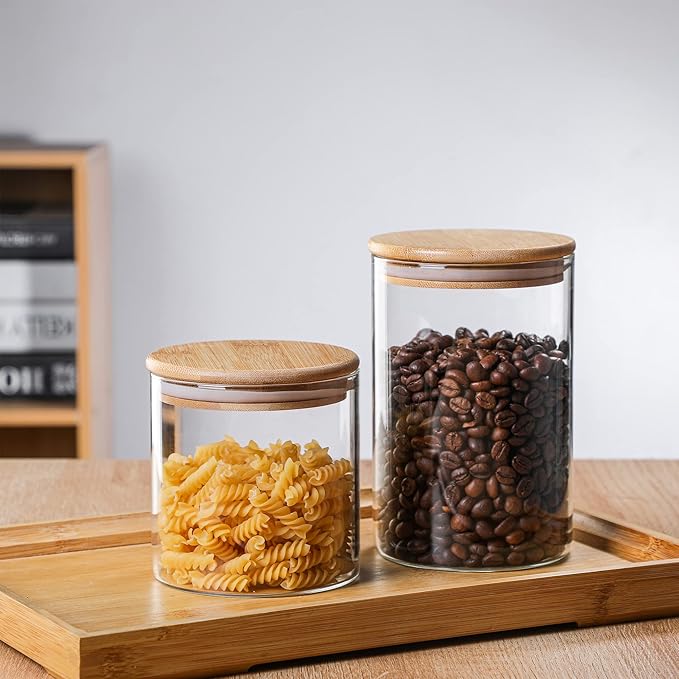 MOLFUJ 550 ML / 18 FL Oz Glass Storage Container with Wood Lid, Stackable Clear Decorative Organizer Bottle Canister Pantry Jar with Air Tight Wooden Lid for Food, Coffee, Candy, Sugar, Salt, Tea