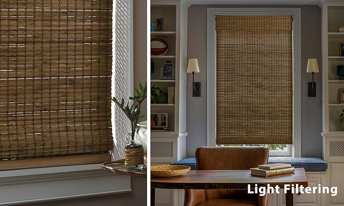 LazBlinds No Tools No Drill Cordless Bamboo Roman Shades, Light Filtering Window Treatment, Roll Up Bamboo Blinds for Windows 33'' W x 48'' H, Eastfield Teak