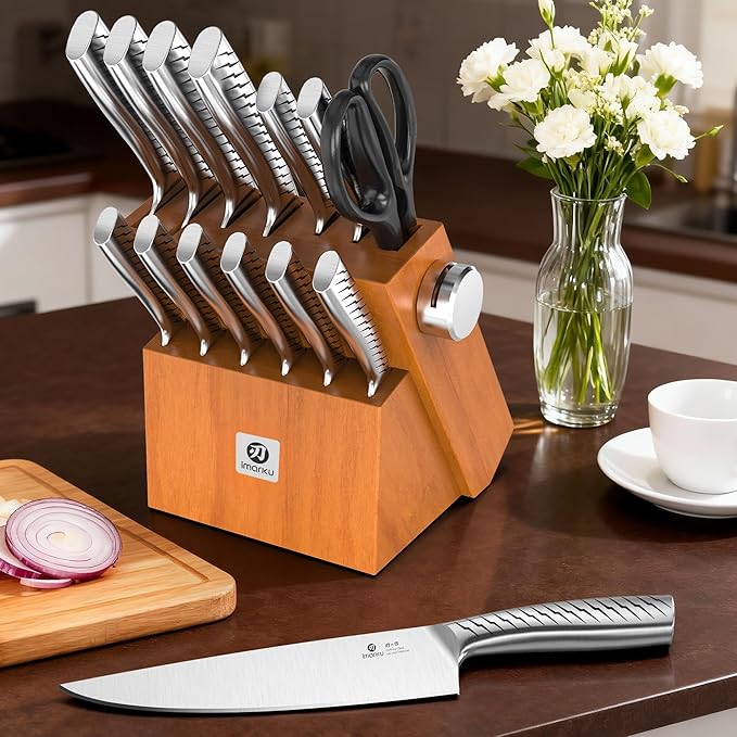 imarku 14-Piece Knife Set with Block, High Carbon Stainless Steel Kitchen Knives with Built-in Sharpener, Dishwasher Safe, Ergonomic Non-Slip Handle, Perfect for Home Cooks & Chefs, Brown