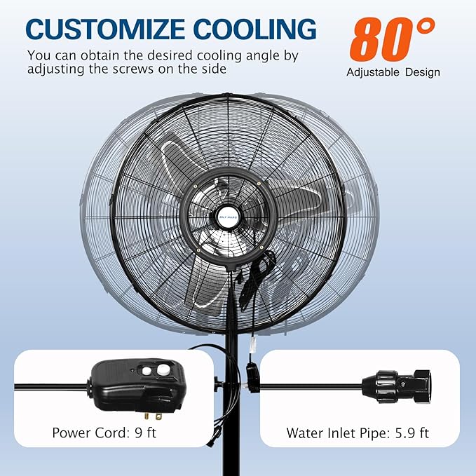BILT HARD 24" Outdoor Pedestal Oscillating Misting Fan, 3-Speed High-Velocity Patio Misting Fans for Outside, Waterproof Tilting Fan with Mists for Outdoor Cooling, UL Listed