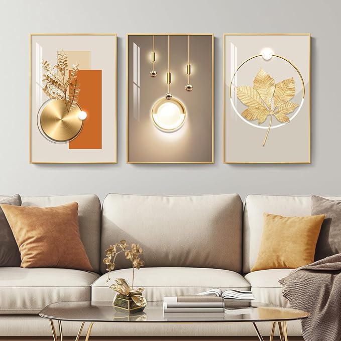 Framed Modern Luxury Gold Wall Art, Set of 3 Piece Contemporary Paintings Artwork for Walls, Golden Prints Pictures with Gold Frame, Wall Decor for Living Room, Hallway, Bedroom, Office 16x24 Inch