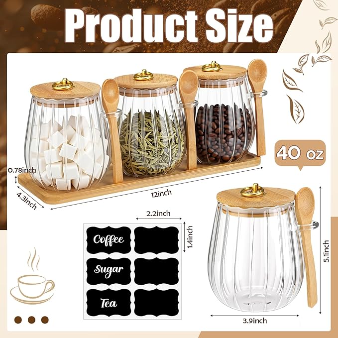 Suclain 3 Pcs Coffee Tea Sugar Container Set 40oz Glass Jars with Wooden Lid Spoon Shelf Labels Airtight Sugar Canister Metal Handle Farmhouse Coffee Bar Kitchen Food Storage for Spice Powder(Oval)