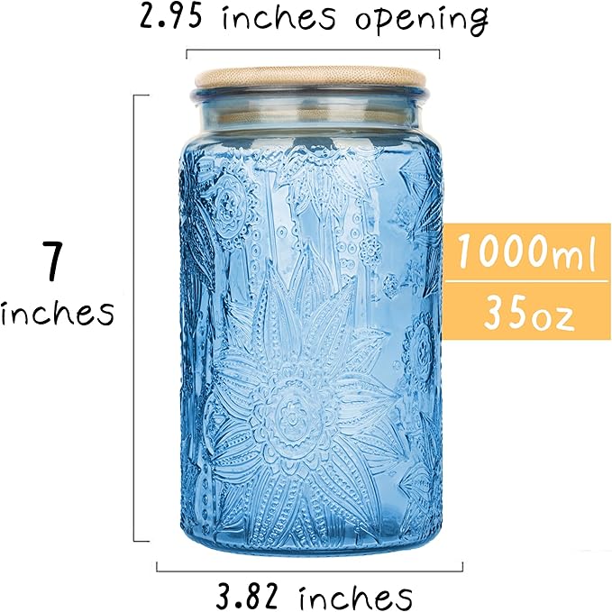 Custde Glass Storage Jars With Airtight Lid, 35oz Canister For Kitchen Counter with Bamboo Lid, brown sugar, candy, coffee, cookie, salt, tea,pantry cute Jar (Blue, 35 fl oz)