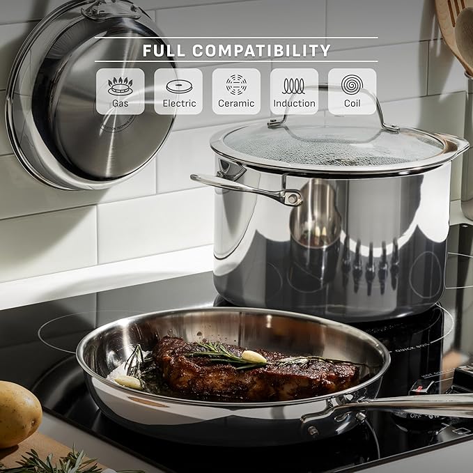 T-fal Pro Tri-Ply Stainless Steel Cookware Set, 10 Piece-Induction Compatible, Oven Safe 500F, Lids-350F, Even Heat, Professional Quality, Durable, Induction Pots and Pans Set, Silver