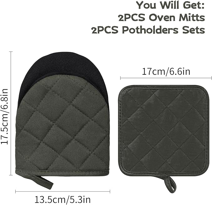 Oven Mitts and Pot Holders Set, Pack of 4, Heat Resistant Silicone Kitchen Mini Oven Mittens for 500 Degrees, Mini Oven Gloves and Hot Pads for Baking Grilling Barbecue Microwave Machine Washable
