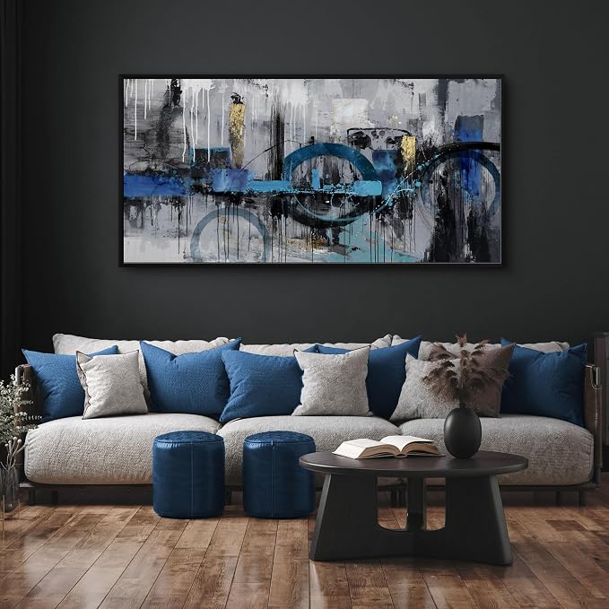 KLAKLA Abstract Wall Art - Blue and Gray Pictures Canvas Artwork for Living Room Bedroom Horizontal Black Framed Above Bed Wall Decor