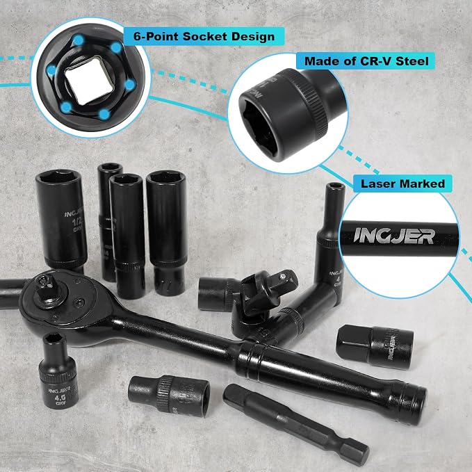 Socket Set 1/4, 56 Piece Impact Socket Set Metric and Standard Full, 6 Point, Cr-V, 1/4-Inch Drive Ratchet Handle, Drive Extension Bar, Impact Universal Joint,impact adapter