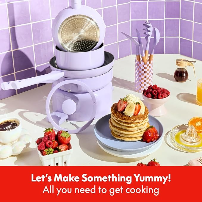 So Yummy by bella 12 Piece Cookware Set w EverGood™ Ceramic Nonstick Coating and Silicone & Wood Utensils, Dishwasher Safe Silicone & Glass Lids, Oven Safe & All Stovetop Compatible, Lavender