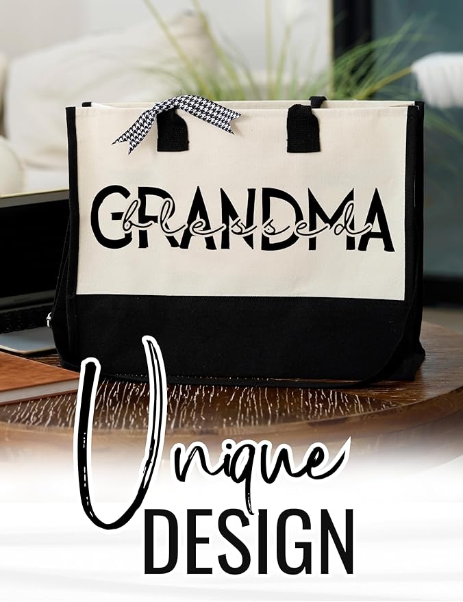 InnoBeta Grandma Gifts, Canvas Tote Bag on Christmas or Birthday & Mother's Day, Tote with Top Zipper Closure and Shoulder Strap - Blessed Grandma