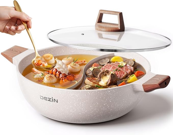 Dezin 5-QT Hot Pot with Divider, Double-flavor Shabu Shabu Pot, Divided Pot | Nonstick Granite Pot, 12"Divided Stockpot, Compatible with Induction Cooktop, Gas/Ceramic/Electric Stove, Soup Ladle Included