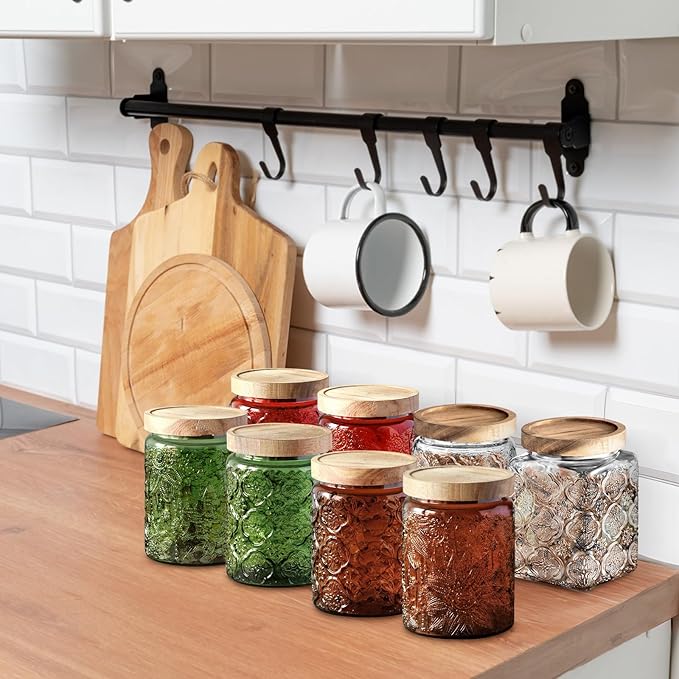 Glass Jar with Lid, Vintage Glass Storage Jars with Airtight Lid Coffee Canister Sugar Container for Kitchen Counter Pantry, Flour, Candy, Tea, Coffee Beans, Oats (Begonia Sunflower Green)
