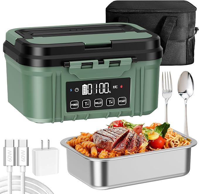 Cordless Electric Lunch Box for Adults – Battery-Powered Heated Lunch Box with 1.2L Stainless Steel Container, Timer Function, and Leak-Proof Food Warmer for Work, Travel & Office(Pine Green)