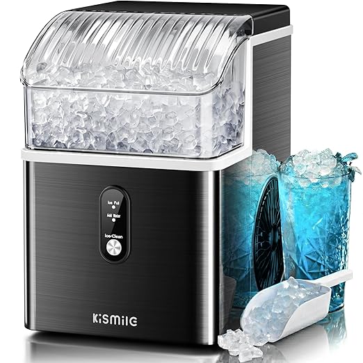 Kismile Nugget Ice Makers Countertop,Portable Ice Machine with Crushed Ice, 35lbs/Day,Self-Cleaning,One-Click Operation for Home Use(Stainless Steel Black)