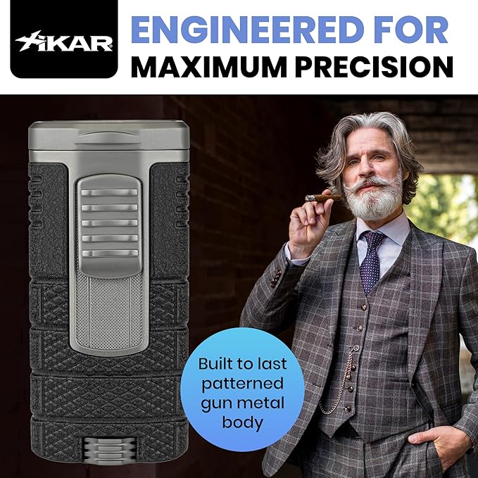 XIKAR Tactical Triple-Jet Lighter, Black and Gunmetal | Powerful Jet Flame for Cigars with Pocket Clip, EZ-View Fuel Window, Adjustable Flame Height & Pull Down Ignition Trigger, Ideal for Outdoor Use