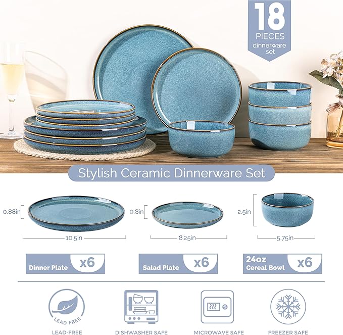 GBHOME Ceramic Dinnerware Sets for 6, 18 Pieces Stoneware Plates and Bowls Sets, Scratch Resistant Dishes, Dishwasher & Microwave Safe, Space Blue