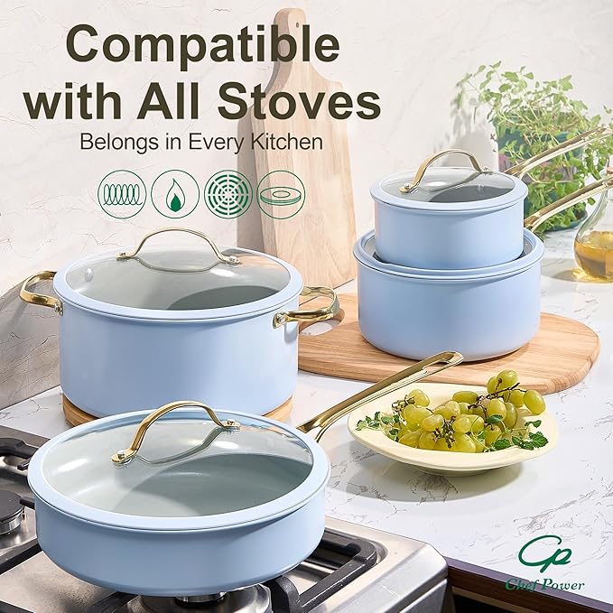 Chef Power Ceramic Cookware Sets, 15Pcs Pots and Pans Set Non Stick, Cookware Set with Stainless Steel Handle, Dishwasher & Oven Safe, Light Blue and Granite Grey