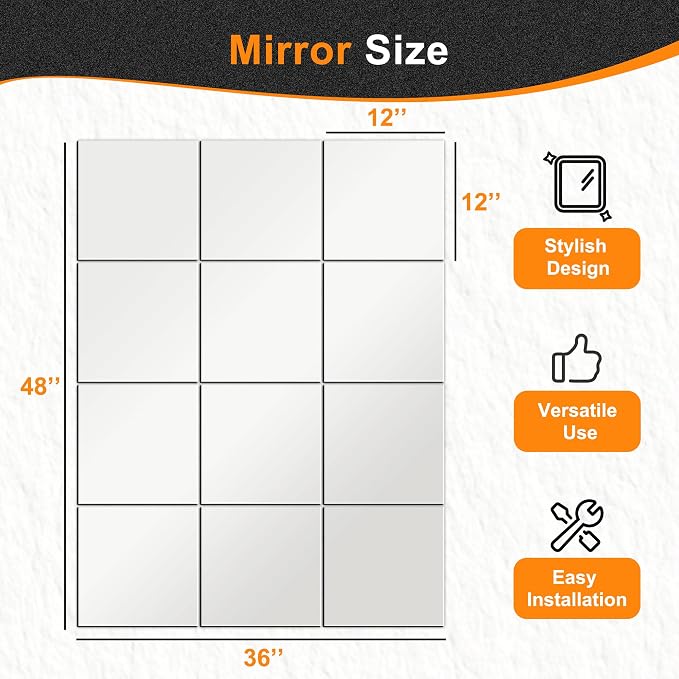Delma Home Gym Mirrors, 12'' x 12'' Glass Mirror Tiles, 12 PCS | Square Large Wall Mirror, For Home Gym, Bedroom, Door, Bathroom, Frameless Mirror Sets