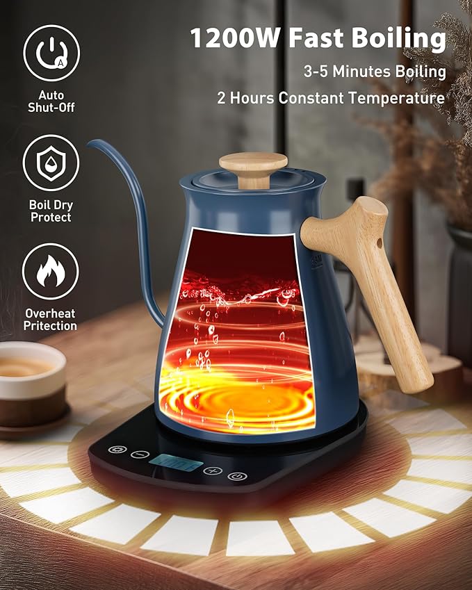 Harriet Gooseneck Electric Kettle - 1200W Fast Heat, 0.8L Stainless Steel, Precision Temp Control & Timer, Wood Handle, Pour Over Coffee and Tea, Blue
