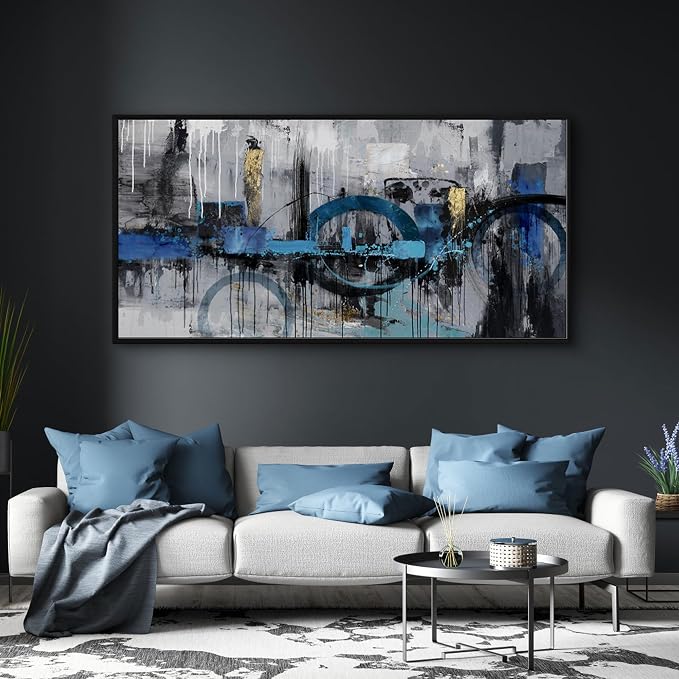 KLAKLA Abstract Wall Art - Blue and Gray Pictures Canvas Artwork for Living Room Bedroom Horizontal Black Framed Above Bed Wall Decor