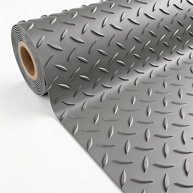 5x10 FT Garage Floor Mat, 2.8mm Thickened PVC Flooring Roll for Under Car, Golf Cart Parking Mat, Diamond Plate Gray Motorcycle Mat for Warehouse, Basement, Gyms, Trailer（Included Tapes）
