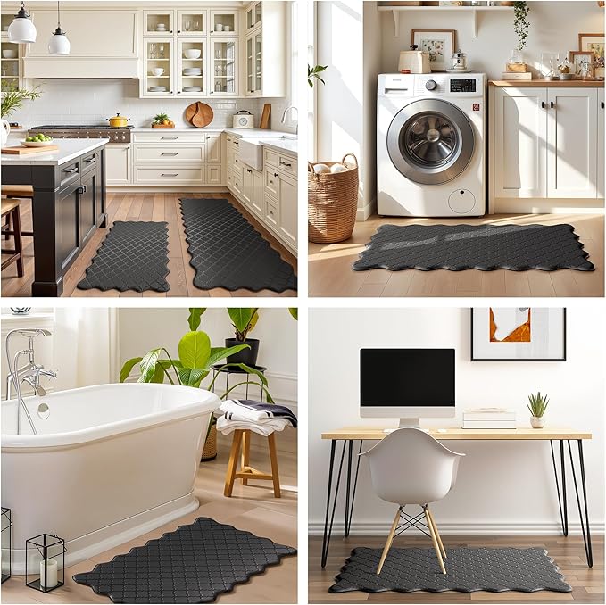 Arenarug Upgrade Scalloped Embossed Kitchen Mats for Floor 2PCS Cushioned Anti Fatigue Waterproof Foam Kitchen Rugs Non Slip Washable Comfort Standing Mat for Sink Laundry, 17.3"x30"+17.3"x59", Black