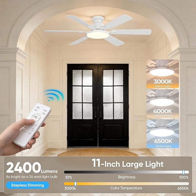 52 Inch Ceiling Fans with Lights, 6 Double Sided Blades, Ultra Quiet Reversible DC Motor, Remote & APP Control, 6 Speeds, 3CCT Dimmable LED with Memory Function, Flush Mount for Living Room, White