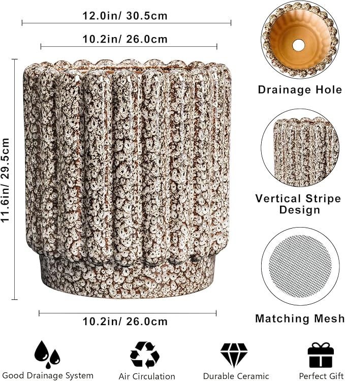 Ceramicfor Ceramic Planter, 12 Inch, Leopard Print White | Round Flower Pot, Drainage Hole, Indoor & Outdoor Plants, Porch Decor, HouseWarming Gift