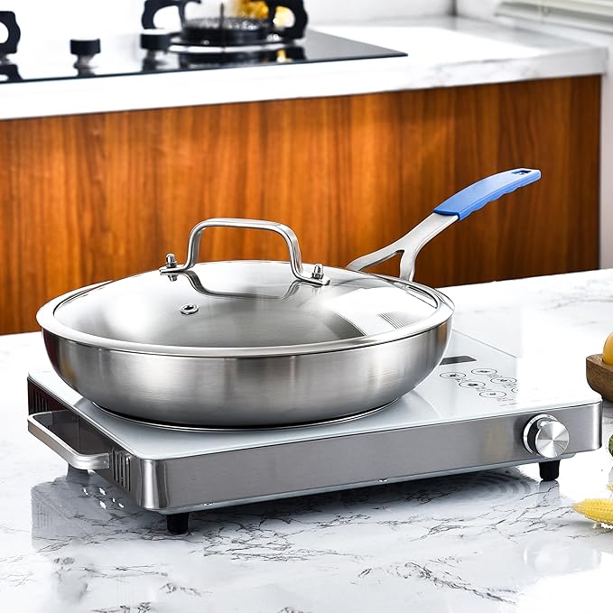 Inqibee 8.5-10-12 Inch Tri-Ply Stainless Steel Frying Pan Set with a Lid, Skillets, Chef's Pan, Induction Cooking Pans, Pots and Pans Set, Dishwasher and Detachable Handle