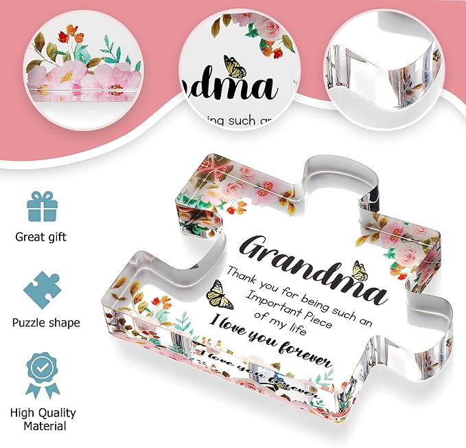 Gifts for Grandma - Engraved Acrylic Puzzle Piece - Mothers Day Adorable Grandma Presents for Birthday, Christmas, Thanksgiving Paperweights - Elegant Decorative Plaque with Lovely Quote - Chic Home