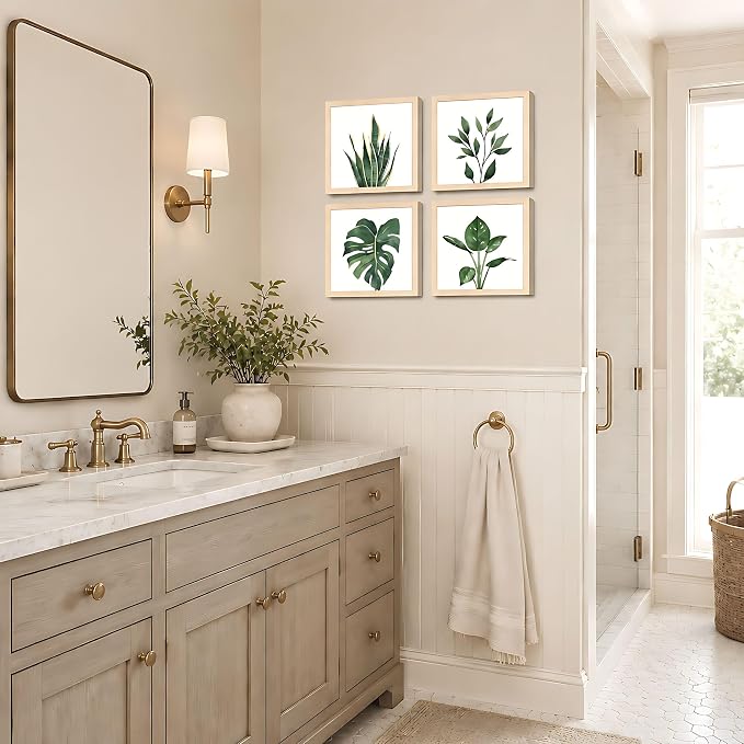 ArtbyHannah Framed Bathroom Wall Art Decor, 10x10 Inch 4 Pack Botanical Gallery Wall Frame Set Modern Farmhouse Sage Green Prints Artwork for Spa, Restroom, Bedroom, Office Decoration (Beige)