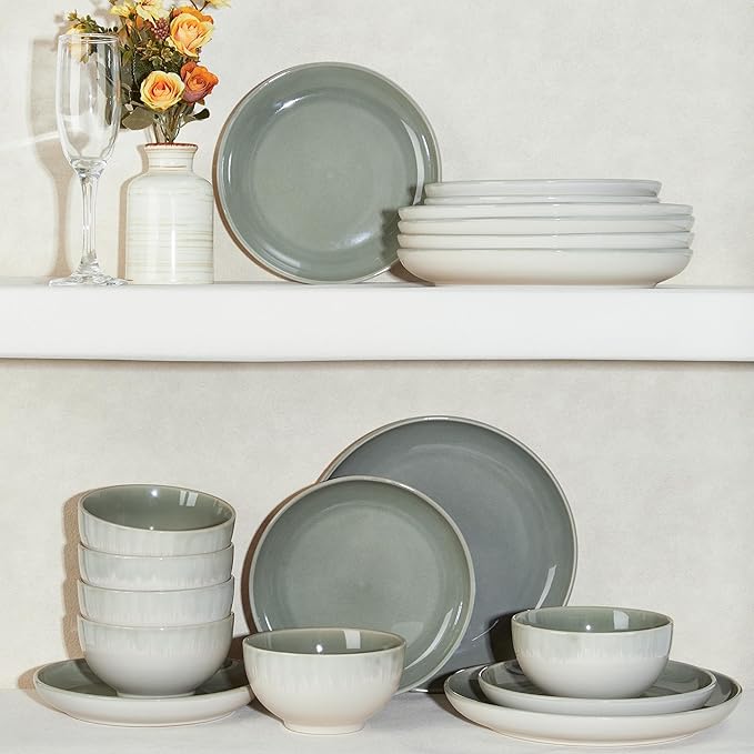 Pokini Stoneware Dinnerware Sets Service for 12, 36 pcs Reactive Glaze Plates and Bowls Sets, Handmade Ceramic Dish Set, Highly Chip and Crack Resistant Modern Plate Set, Gradient Green