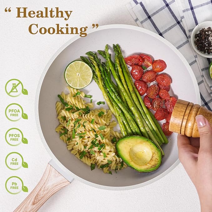 SODAY 12 Pcs Pots and Pans Set Non Stick, Cookware Sets White Granite Induction Cookware, Non-toxic Healthy Nonstick Kitchen Cooking Set with Frying Pan Set, Saucepans (PFAS/PFOA/PFOS Free)