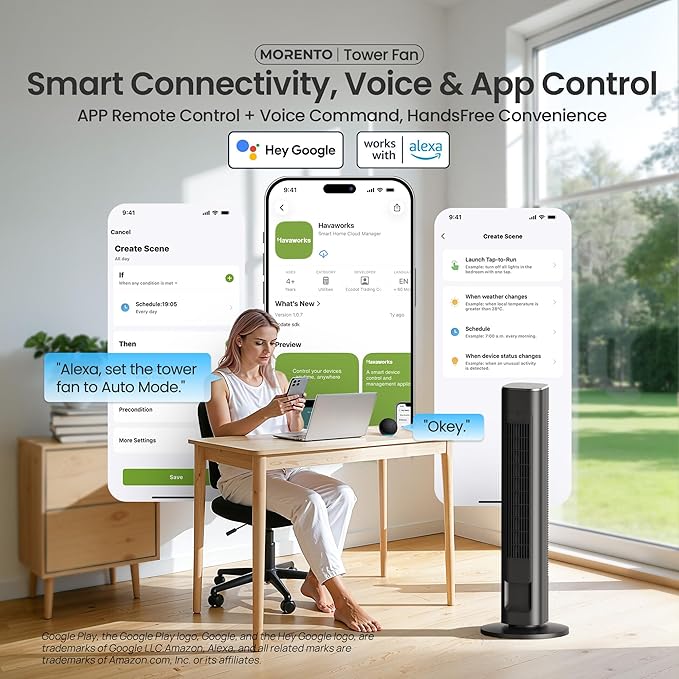 MORENTO Tower Fan for Bedroom, 36" Smart Standing Fan with WiFi APP Voice Control, 4 Modes 4 Speeds, 90° Oscillating, 12H Timer & 25dB Ultra Quiet Safe Bladeless Floor Fan with Remote, Black, 1 Pack