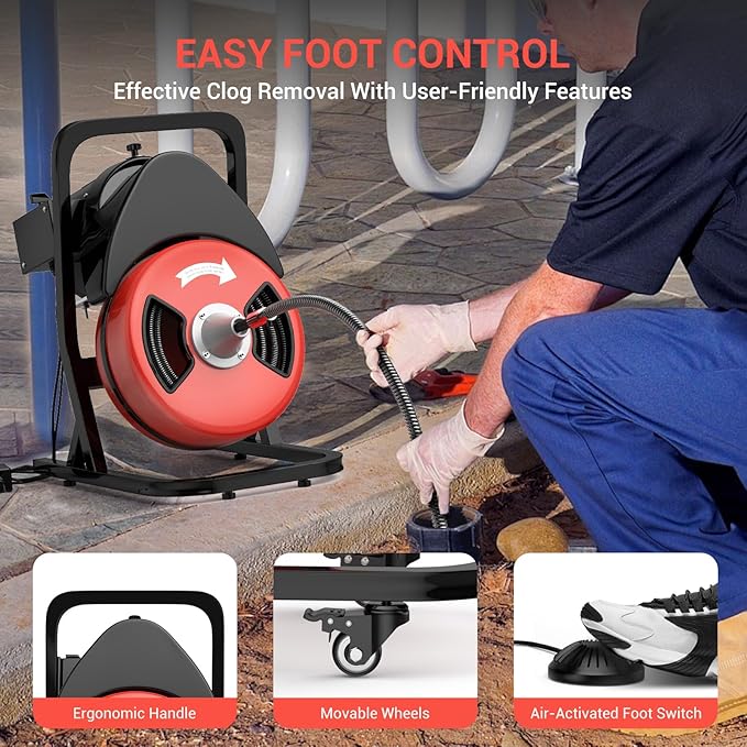 50 FT x 1/2 Inch Drain Cleaner Machine, Sewer Snake Electric Cleaning Machine with Wheels for 2" to 4" Pipes, Plumbing Power Augers Cleaner with 6 Cutter and Foot Switch for Sewer, Sink, Toilet