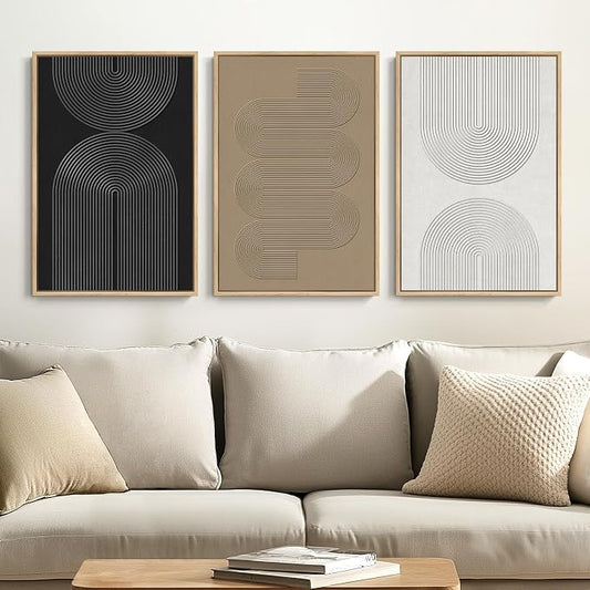 Framed Black and White Brown Abstract Wall Art, 3 Piece Boho Geometric Canvas Prints Paintings Artwork for Walls, Modern Minimalist Neutral Pictures for Living Room Dining Room Bedroom Wall Decor 16x24 In