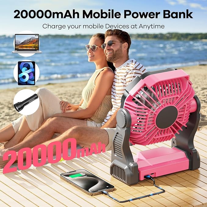 DOWILLDO 20000mAh Portable Battery Powered Camping Fan - with LED Light, Quiet Battery Operated, Camping Gear for Travel, Tent, Beach, Car or Hurricane Power Outages, Pink