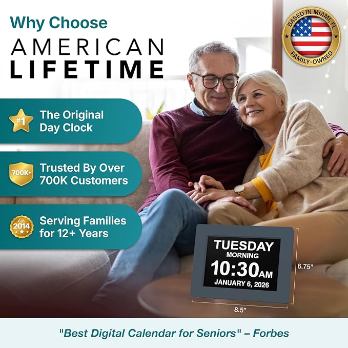 American Lifetime New 2026 Dementia Clock Large Digital Clock for Seniors, Large Display with Custom Alarms, Calendar Clock with Day & Date for Elderly, Clear Numbers Alzheimer Digital Clock Winter
