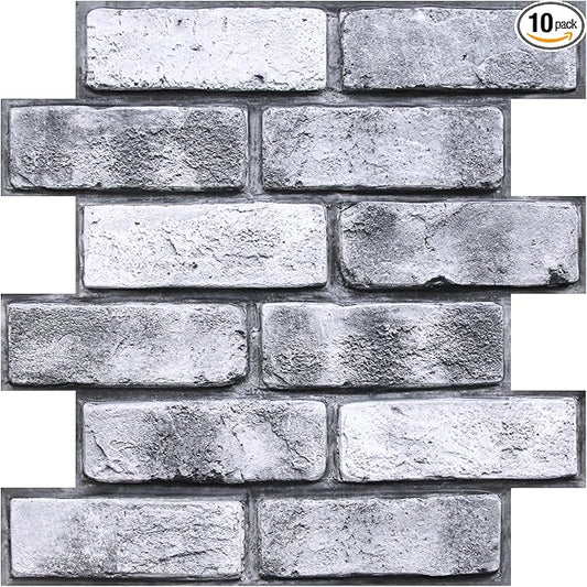 COMSTICKC 3D Faux Brick Wall Panel Peel and Stick, 10 Pcs of 12"X12", Small Size, Ultra-Light PVC Fake Brick Decorative Tiles Backsplash, Paintable, Not Real Brick (Gray -2)