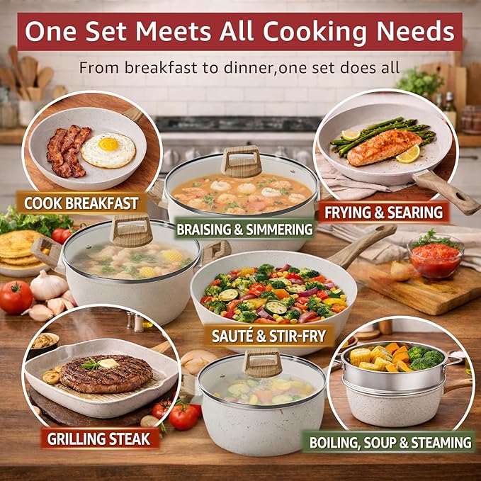 24Pcs Pots and Pans Set Non Stick,Ceramic Cookware Set with Titanium-Reinforced Nonstick Coating,Long-Lasting,PFAS-Free,Induction Compatible,Full Kitchen Set with 3 Stock Pots for Family Cooking