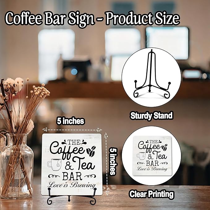 Coffee Bar Sign, Love is Brewing Farmhouse Tabletop Decor, Coffee and Tea Lover Gifts, 5x5 Wood Plaque with Iron Stand for Home Kitchen Cafe, Coffee Bar Decor – L07
