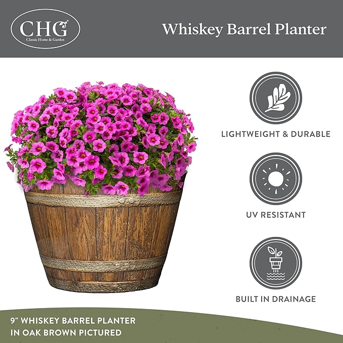 Whiskey Barrel Planters, Wood Finish Flower Planter Pot, Stylish Indoor & Outdoor Resin Garden Pots, Weather-Resistant Planting Pot (20.5" Kentucky Walnut, 1- Pack) | Wood Finish Flower Plant Pots, Indoor & Outdoor Planter, Weather-Resistant, Great for...