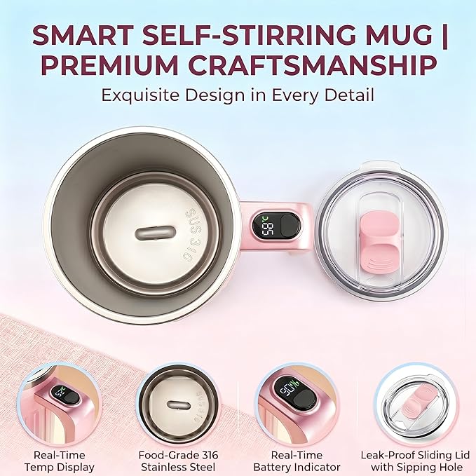 Self Stirring Coffee Mug 13.5 Oz with Lid, 316 Stainless Steel Automatic Magnetic Mixing Cup with a Built-in Lcd Thermometer (Gradient Crystal Pink)