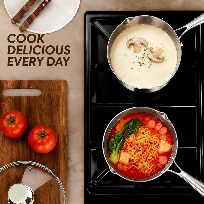 Titanium Saucepan with Lid, No Coating Non-Stick Titanium Pot（2 QT) | 500°F Heat Resistant, Fast & Even Heating, Universal Induction Gas Electric Glass Halogen Cooktops, Dual-Pour Spouts Design