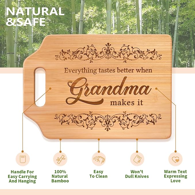 AceThrills Grandma Gifts for Grandma Birthday Gifts from Grandkids for Mother's Day - Engraved Bamboo Cutting Board 13.78"L x 9.84"W x 0.4"Th (Everything Tastes Better)