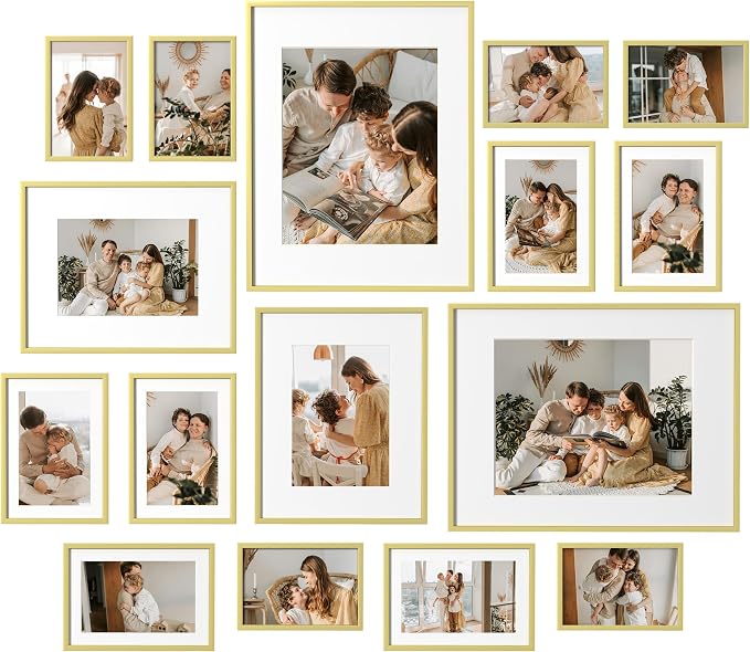 eletecpro Aluminum Gallery Wall Frame Set of 16 with Glass Cover, Gold | Including 2Pcs 11x14, 2Pcs 8x10, 6Pcs 5x7, 6Pcs 4x6 Photo Frames, Multiple Sizes Picture Frames Collage Wall Decor, Tabletop