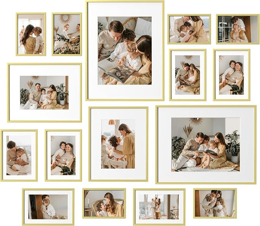 eletecpro Aluminum Gallery Wall Frame Set of 16 with Glass Cover, Gold | Including 2Pcs 11x14, 2Pcs 8x10, 6Pcs 5x7, 6Pcs 4x6 Photo Frames, Multiple Sizes Picture Frames Collage Wall Decor, Tabletop